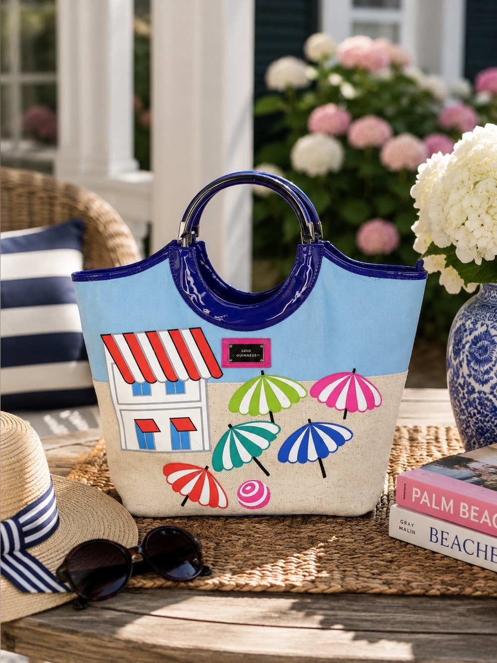 LULU GUINNESS British Designer Resortwear Summer Canvas Beach Scene Ring Bag